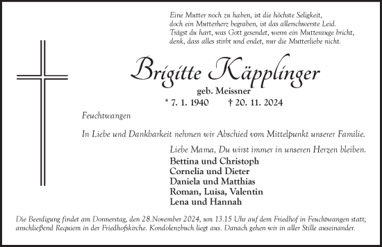 Traueranzeige von Brigitte Käpplinger von Dinkelsbühl/ Feuchtwangen