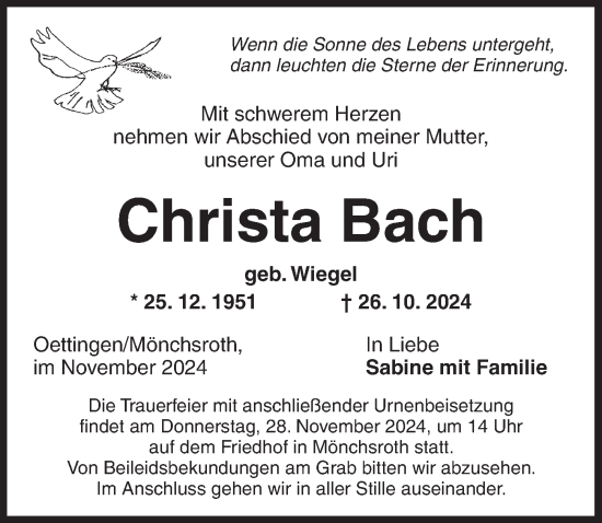 Traueranzeige von Christa Bach von Dinkelsbühl/ Feuchtwangen