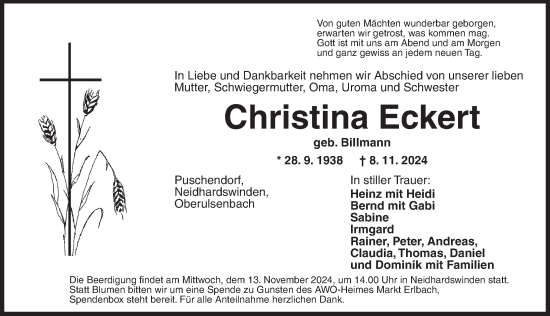 Traueranzeige von Christina Eckert von Neustadt/ Scheinfeld/ Uffenheim