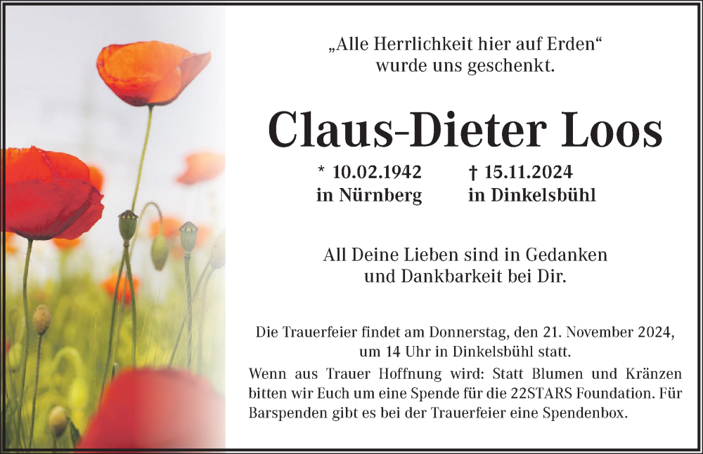  Traueranzeige für Claus-Dieter Loos vom 19.11.2024 aus Dinkelsbühl/ Feuchtwangen