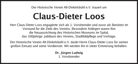 Traueranzeige von Claus-Dieter Loos von Dinkelsbühl/ Feuchtwangen