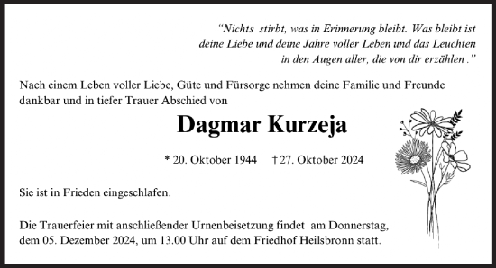 Traueranzeige von Dagmar Kurzeja von Ansbach