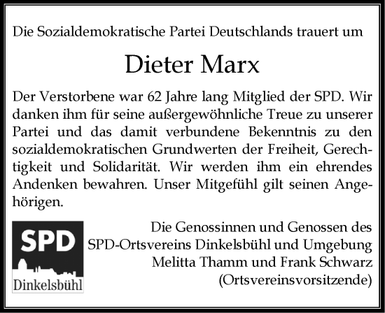 Traueranzeige von Dieter Marx von Dinkelsbühl/ Feuchtwangen