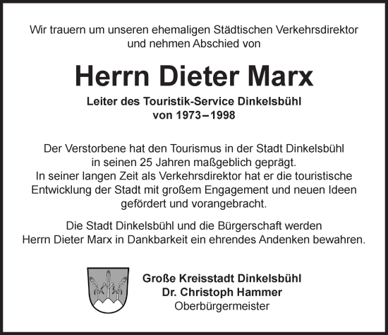 Traueranzeige von Dieter Marx von Dinkelsbühl/ Feuchtwangen