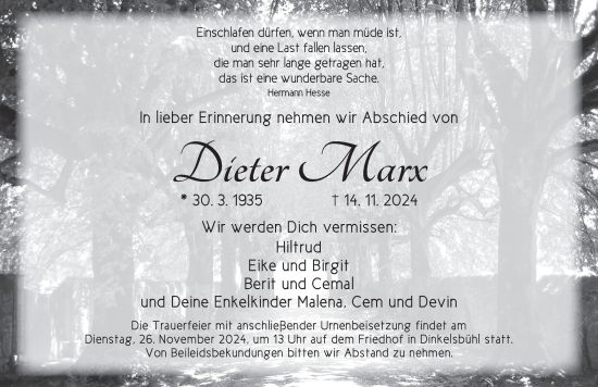 Traueranzeige von Dieter Marx von Dinkelsbühl/ Feuchtwangen