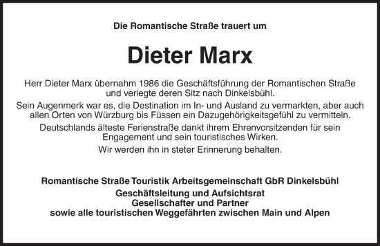 Traueranzeige von Dieter Marx von Dinkelsbühl/ Feuchtwangen