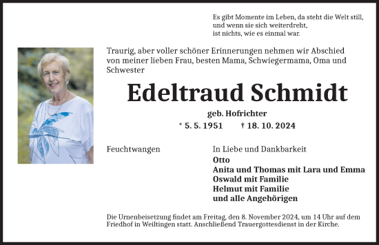 Traueranzeige von Edeltraud Schmidt von Dinkelsbühl/ Feuchtwangen