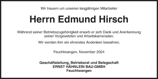 Traueranzeige von Edmund Hirsch von Dinkelsbühl/ Feuchtwangen