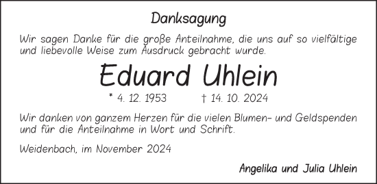 Traueranzeige von Eduard Uhlein von Ansbach