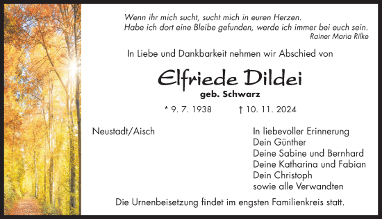 Traueranzeige von Elfriede Dildei von Neustadt/ Scheinfeld/ Uffenheim