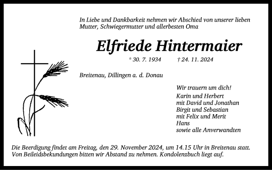 Traueranzeige von Elfriede Hintermaier von Dinkelsbühl/ Feuchtwangen