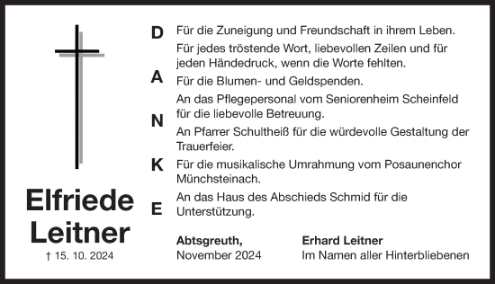 Traueranzeige von Elfriede Leitner von Neustadt/ Scheinfeld/ Uffenheim