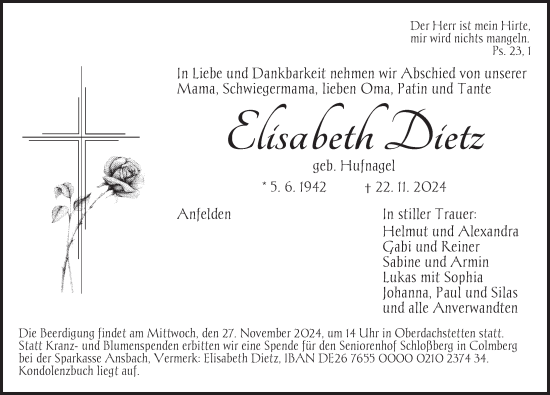 Traueranzeige von Elisabeth Dietz von Ansbach