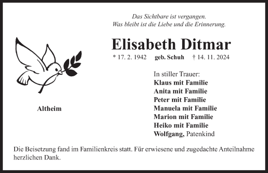 Traueranzeige von Elisabeth Ditmar von Neustadt/ Scheinfeld/ Uffenheim