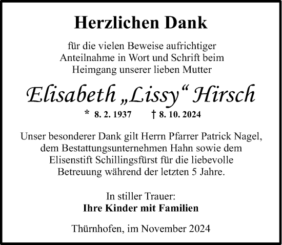 Traueranzeige von Elisabeth Hirsch von Dinkelsbühl/ Feuchtwangen