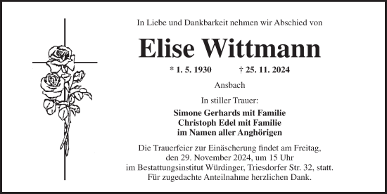 Traueranzeige von Elise Wittmann von Ansbach