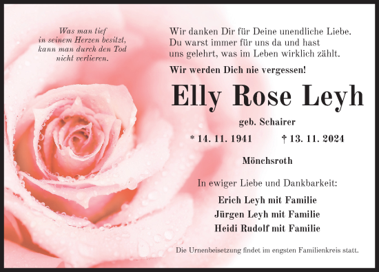 Traueranzeige von Elly Rose Leyh von Dinkelsbühl/ Feuchtwangen