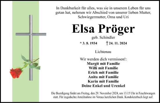 Traueranzeige von Elsa Pröger von Dinkelsbühl/ Feuchtwangen