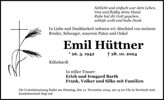 Traueranzeige von Emil Hüttner von Dinkelsbühl/ Feuchtwangen