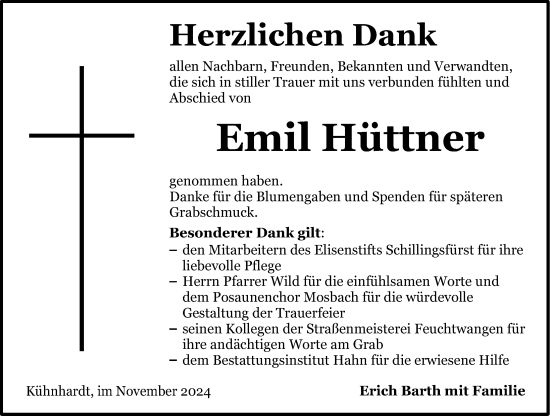 Traueranzeige von Emil Hüttner von Dinkelsbühl/ Feuchtwangen