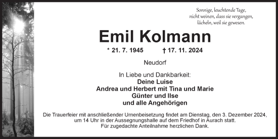 Traueranzeige von Emil Kolmann von Ansbach