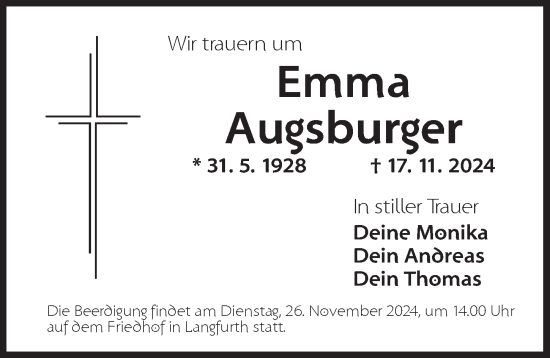 Traueranzeige von Emma Augsburger von Dinkelsbühl/ Feuchtwangen