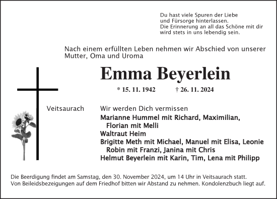 Traueranzeige von Emma Beyerlein von Ansbach