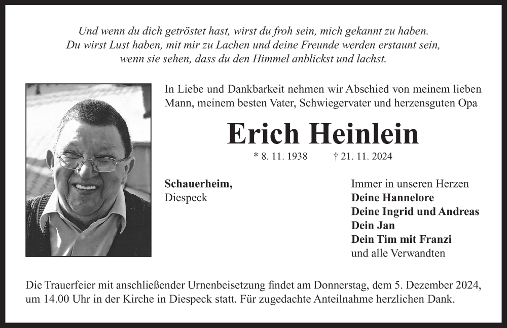  Traueranzeige für Erich Heinlein vom 30.11.2024 aus Neustadt/ Scheinfeld/ Uffenheim