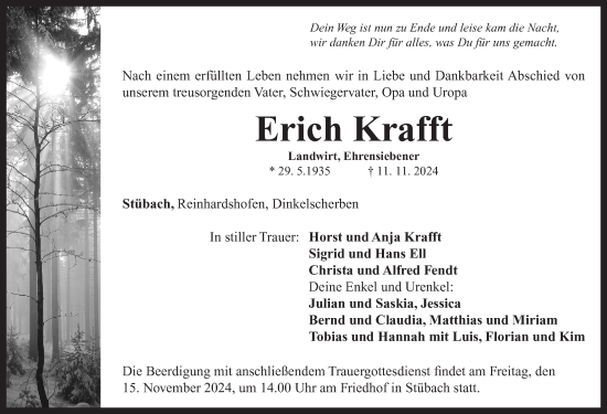 Traueranzeige von Erich Krafft von Neustadt/ Scheinfeld/ Uffenheim