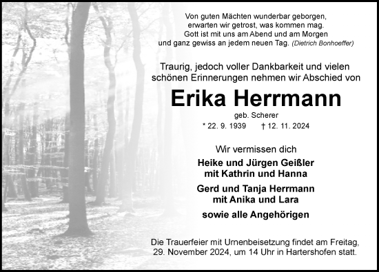 Traueranzeige von Erika Herrmann von Rothenburg