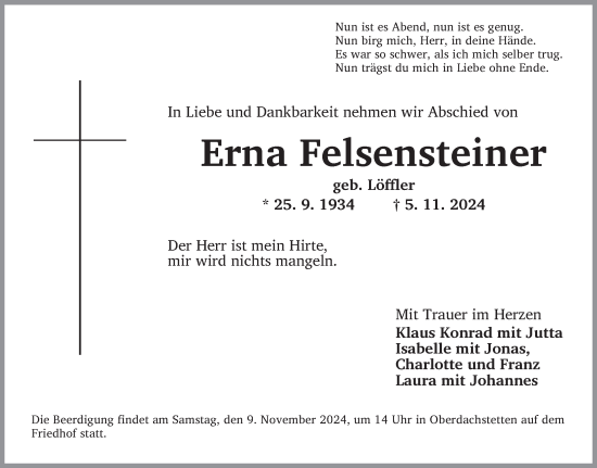 Traueranzeige von Erna Felsensteiner von Ansbach