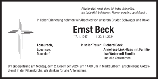 Traueranzeige von Ernst Beck von Neustadt/ Scheinfeld/ Uffenheim