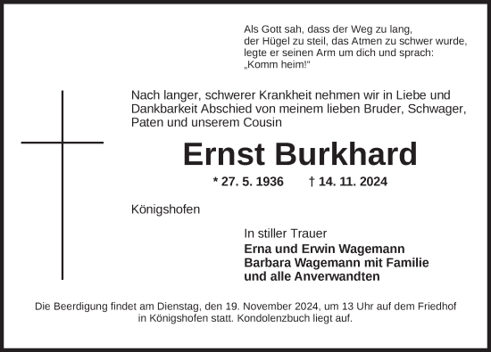 Traueranzeige von Ernst Burkhard von Dinkelsbühl/ Feuchtwangen