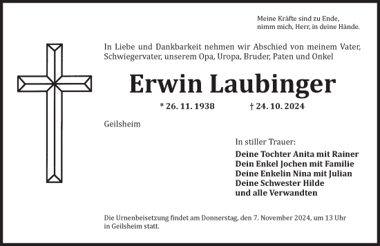 Traueranzeige von Erwin Laubinger von Dinkelsbühl/ Feuchtwangen