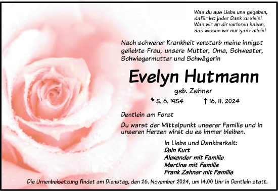 Traueranzeige von Evelyn Hutmann von Dinkelsbühl/ Feuchtwangen