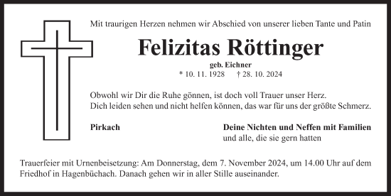 Traueranzeige von Felizitas Röttinger von Neustadt/ Scheinfeld/ Uffenheim