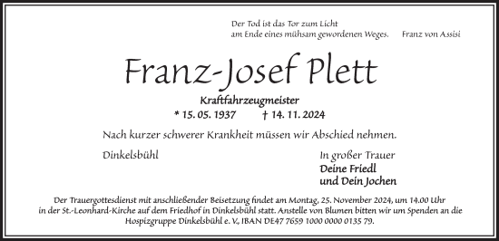 Traueranzeige von Franz-Josef Plett von Dinkelsbühl/ Feuchtwangen