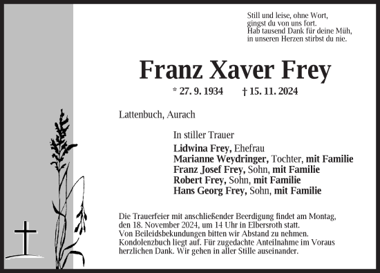 Traueranzeige von Franz Xaver Frey von Dinkelsbühl/ Feuchtwangen