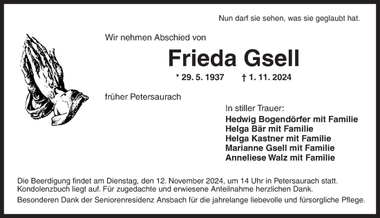 Traueranzeige von Frieda Gsell von Ansbach