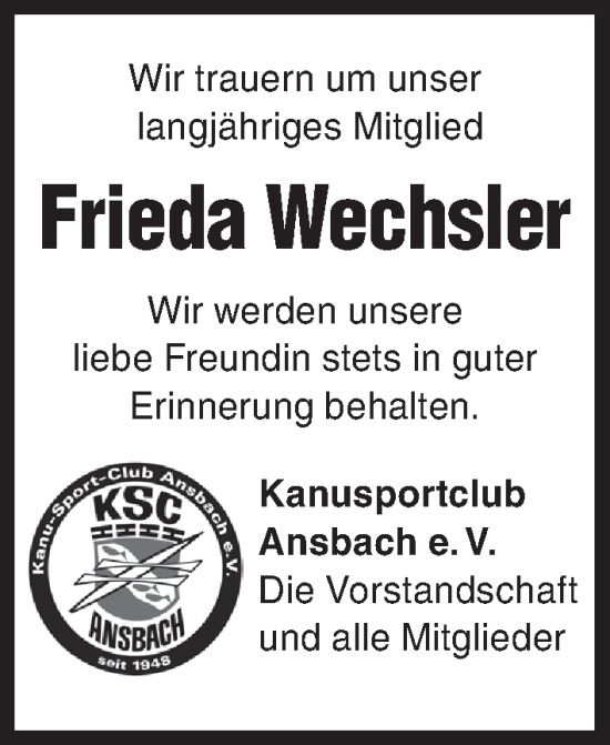 Traueranzeige von Frieda Wechsler von Ansbach