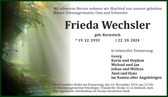 Traueranzeige von Frieda Wechsler von Ansbach