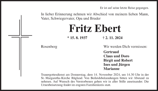 Traueranzeige von Fritz Ebert von Ansbach