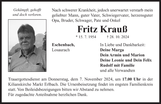 Traueranzeige von Fritz Krauß von Neustadt/ Scheinfeld/ Uffenheim