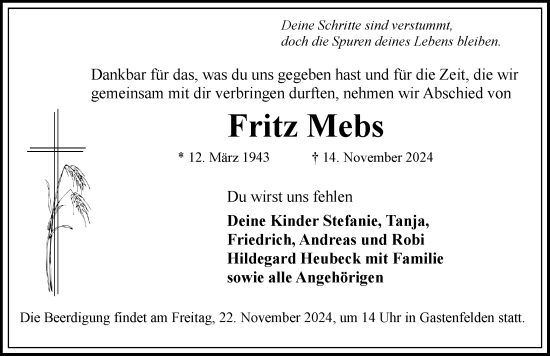 Traueranzeige von Fritz Mebs von Rothenburg