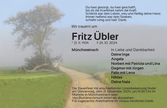 Traueranzeige von Fritz Übler von Neustadt/ Scheinfeld/ Uffenheim