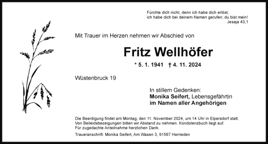 Traueranzeige von Fritz Wellhöfer von GE