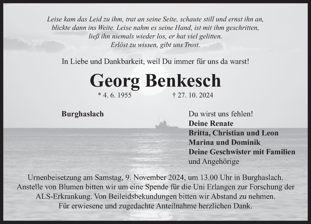  Traueranzeige für Georg Benkesch vom 07.11.2024 aus Neustadt/ Scheinfeld/ Uffenheim