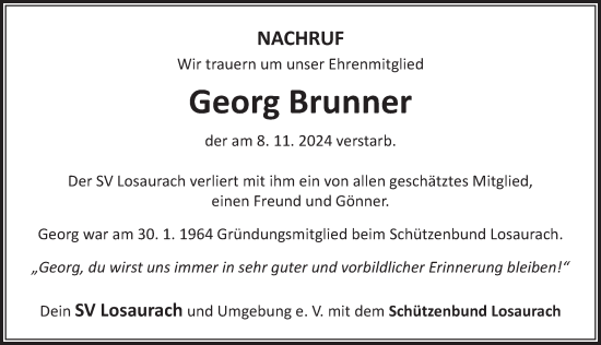 Traueranzeige von Georg Brunner von Neustadt/ Scheinfeld/ Uffenheim