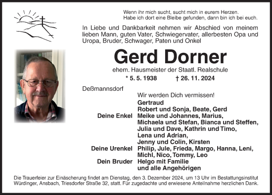 Traueranzeige von Gerd Dorner von Ansbach