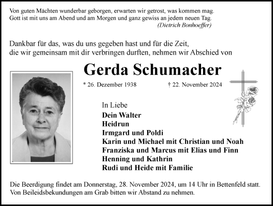 Traueranzeige von Gerda Schumacher von Rothenburg